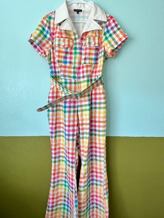 Unique Vintage Pants - Vintage style rainbow plaid jumpsuit